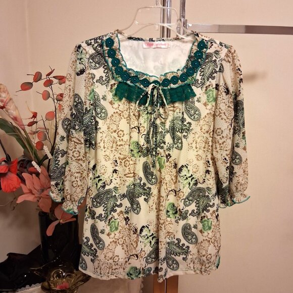 NWT Women's Teal Blue Beige Printed Lined Blouse ¾ Sleeve Pleated Top 8 M - Picture 8 of 9